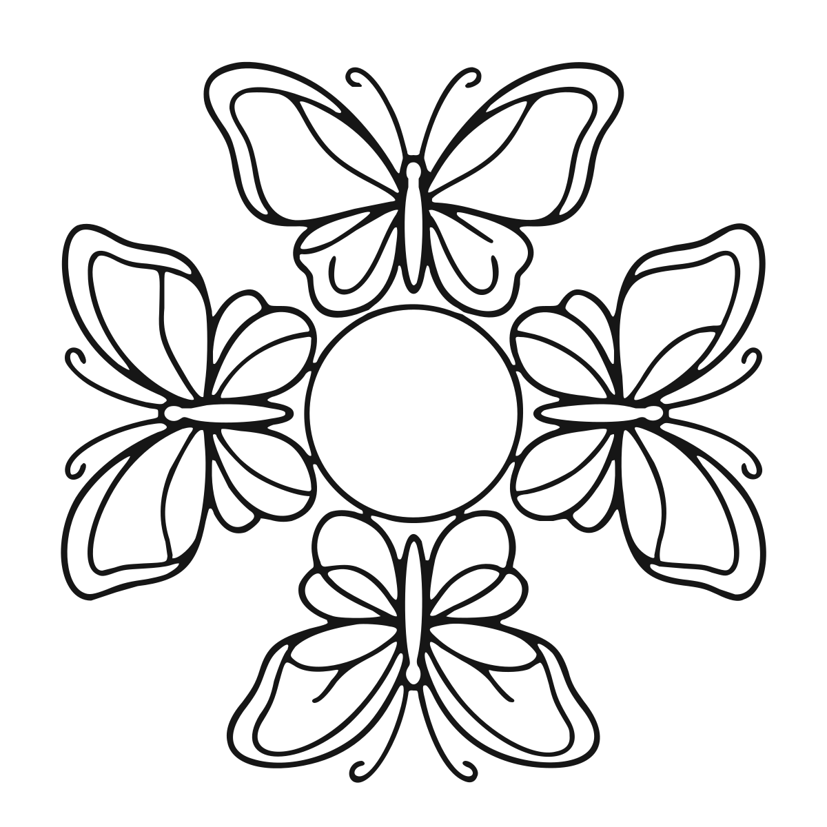 Symmetrical Butterfly Mandala Pattern coloring page - printable black and white butterfly mandala line drawing