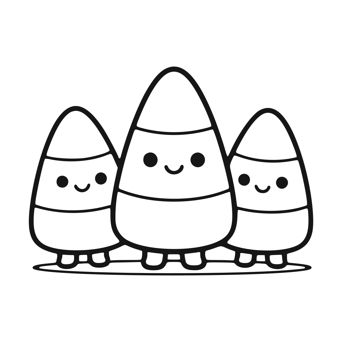 Three Happy Candy Corn Friends coloring page - printable black and white candy corn line drawing