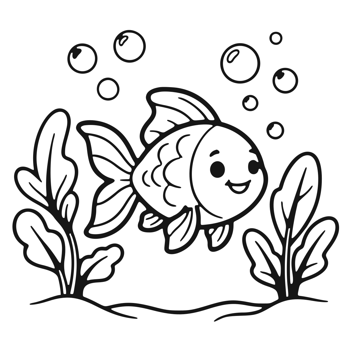 Fish Among the Weeds coloring page - printable black and white fish line drawing
