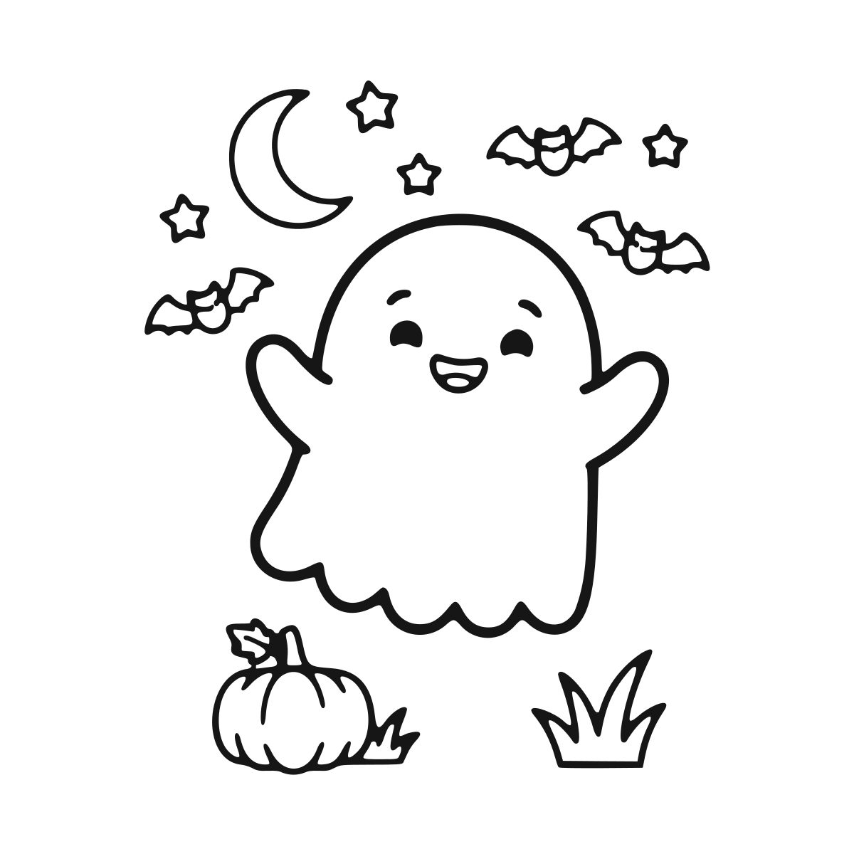 Happy Ghost and Pumpkin coloring page - printable black and white ghost line drawing