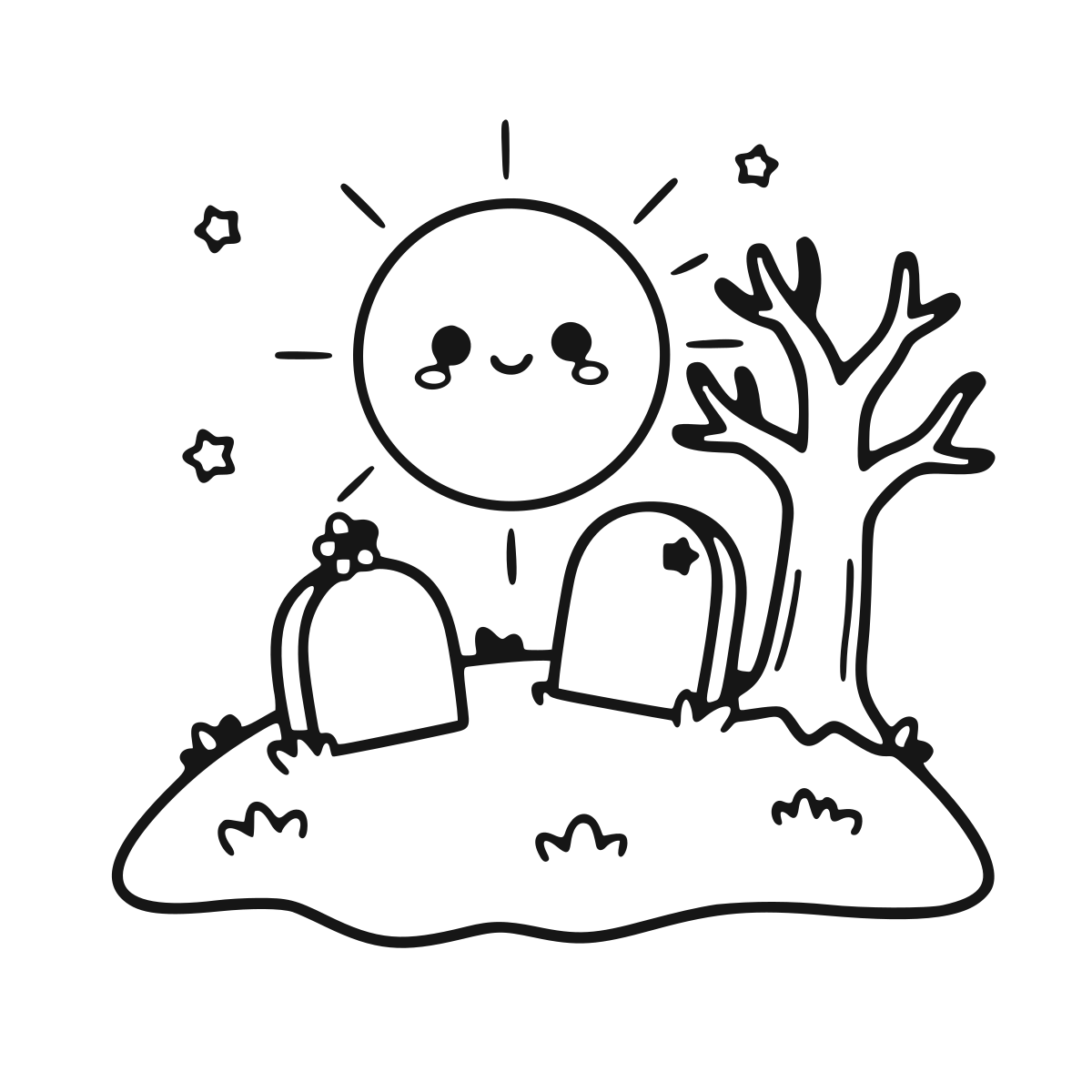 Moonlit Hill Graveyard coloring page - printable black and white graveyard line drawing