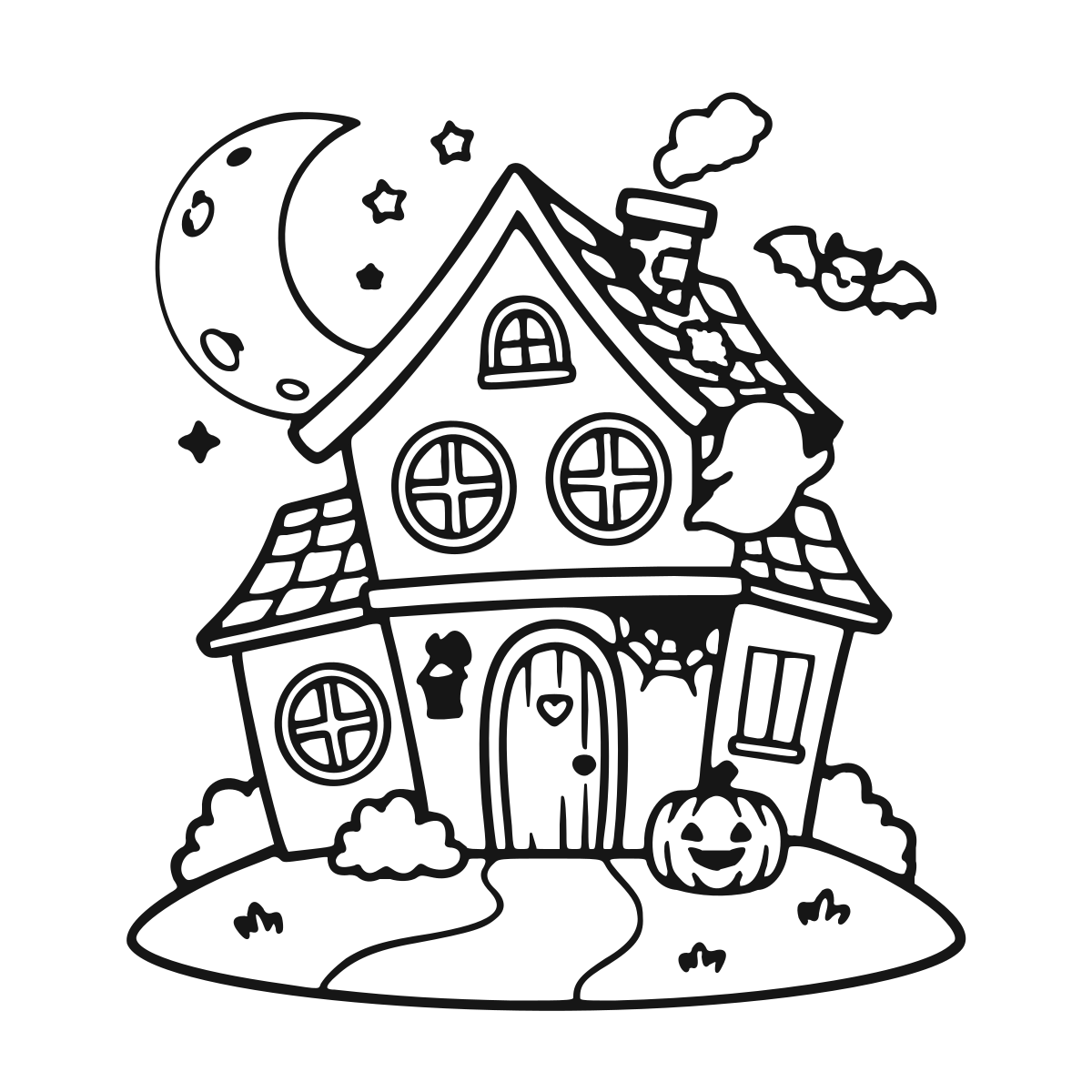 Whimsical Moonlit House coloring page - printable black and white haunted house line drawing