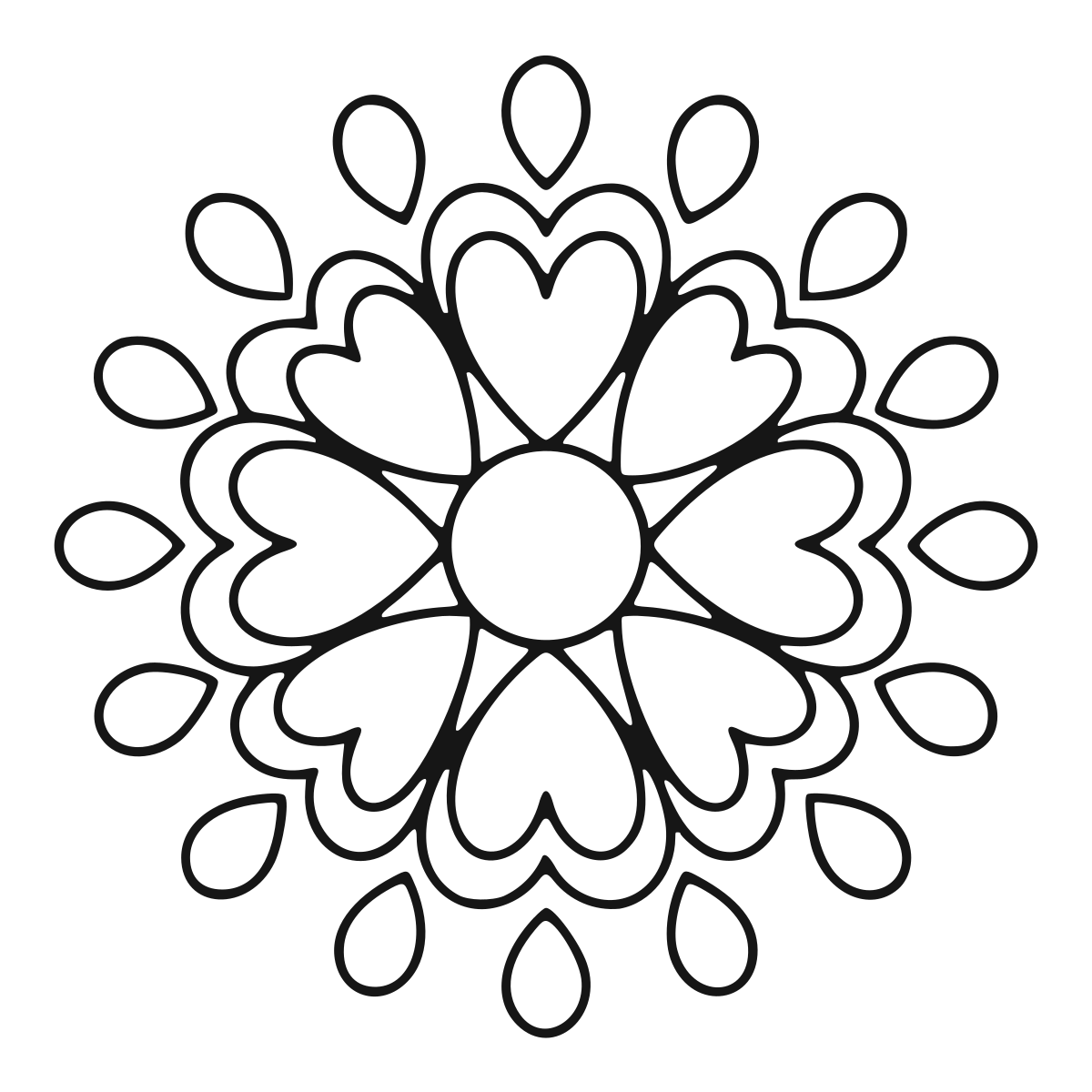 Symmetrical Heart Mandala Design coloring page - printable black and white heart mandala line drawing