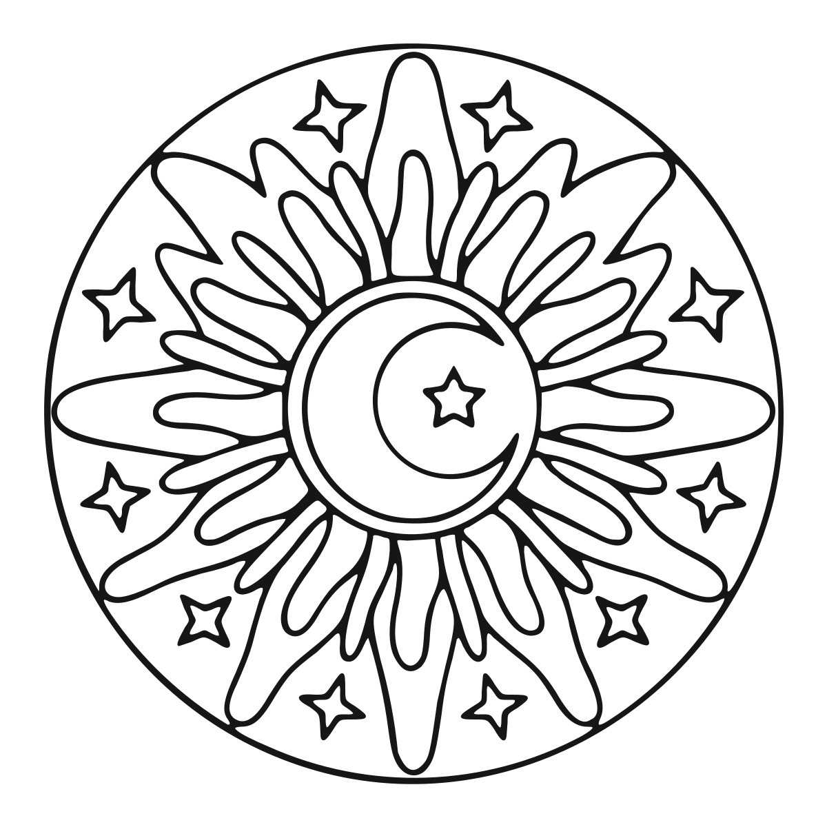 Tranquil Crescent Moon Mandala coloring page - printable black and white moon mandala line drawing