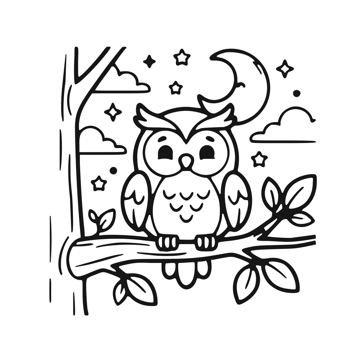 Owl on a Branch coloring page - printable black and white owl line drawing