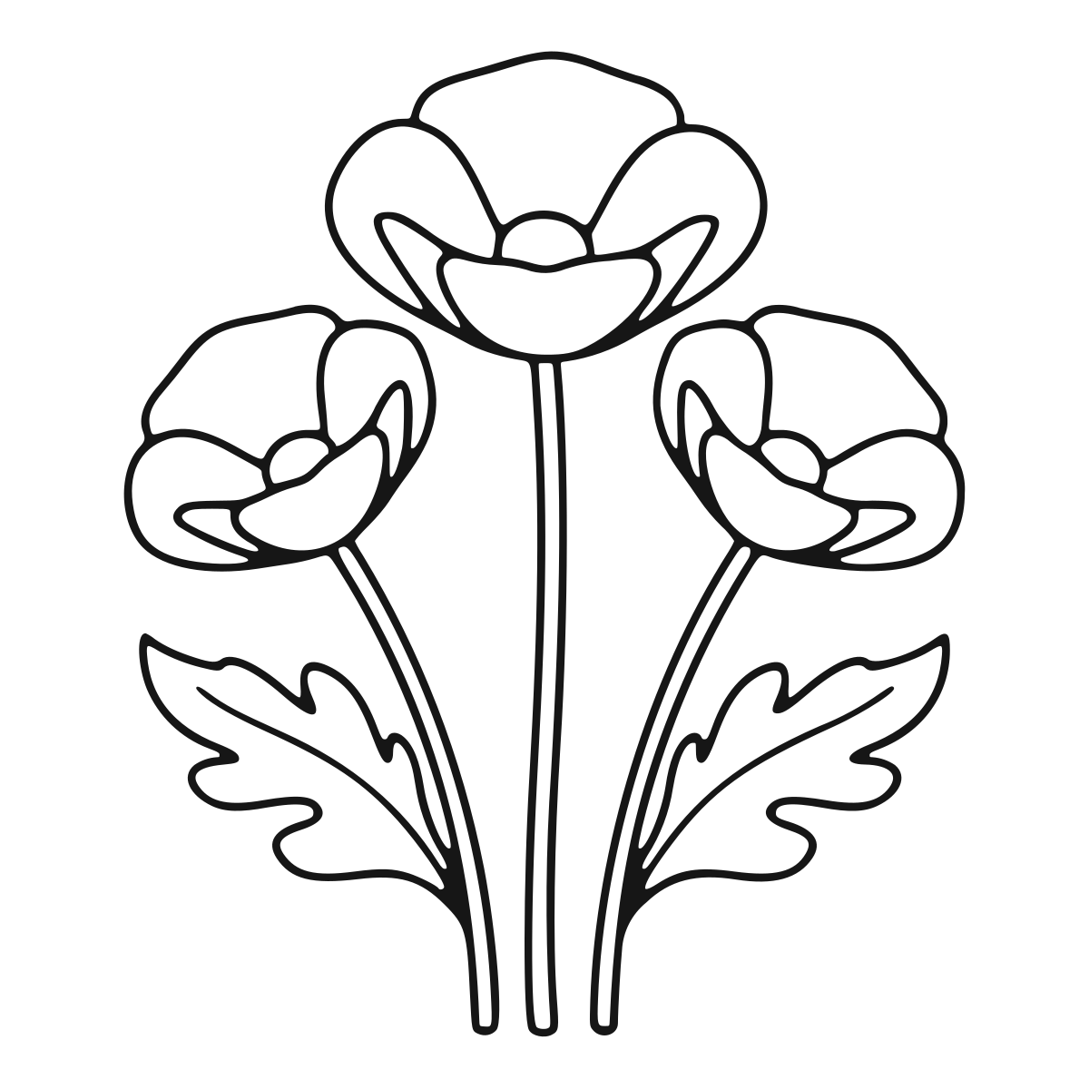 Three Blooming Poppies coloring page - printable black and white poppy line drawing