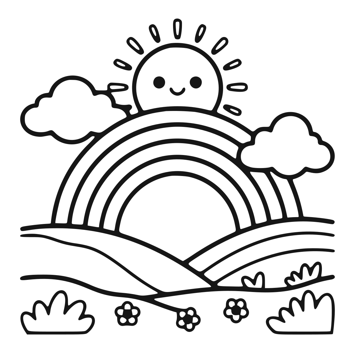 Rainbow Over the Hills coloring page - printable black and white rainbow line drawing
