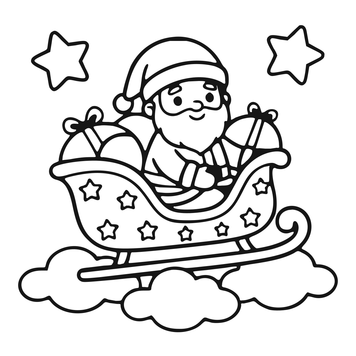 Santa In Flying Sleigh coloring page - printable black and white santa sleigh line drawing