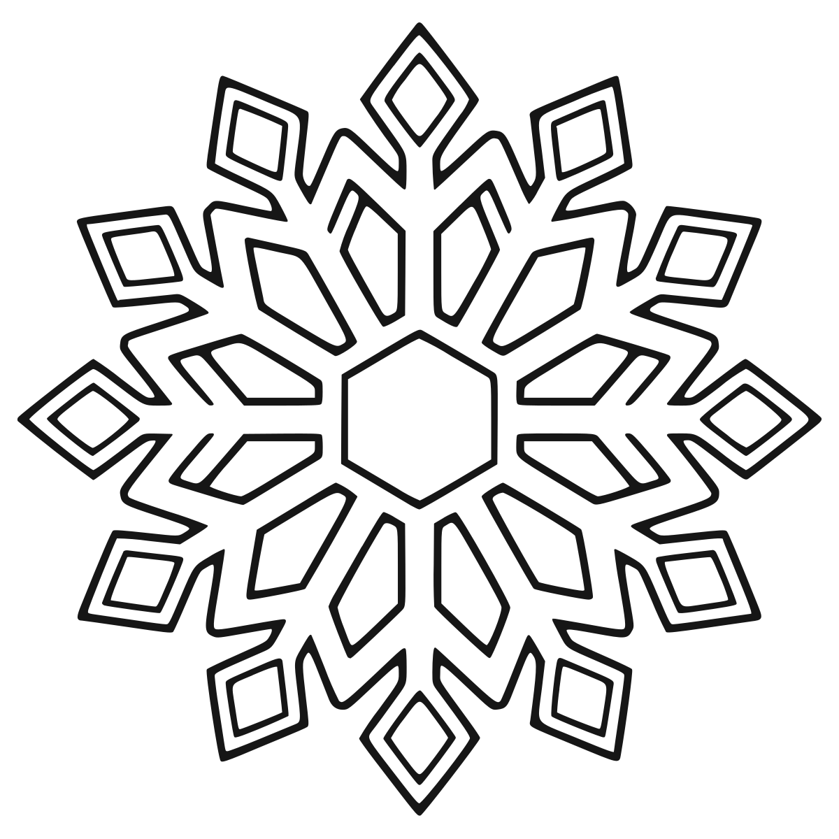 Geometric Snowflake Mandala coloring page - printable black and white snowflake mandala line drawing