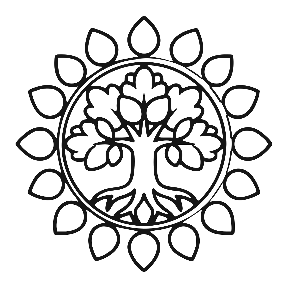 Symmetrical Tree Mandala Design coloring page - printable black and white tree mandala line drawing