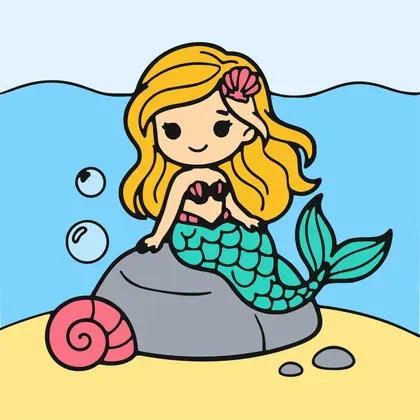 Happy Mermaid on Ocean Rock color by number page
