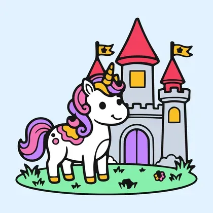 Unicorn and the Castle color by number page