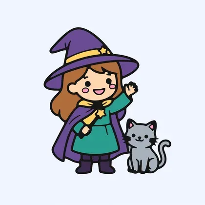 Friendly Witch and Little Cat color by number page