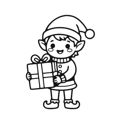 Cheerful Elf Holding Gift coloring page