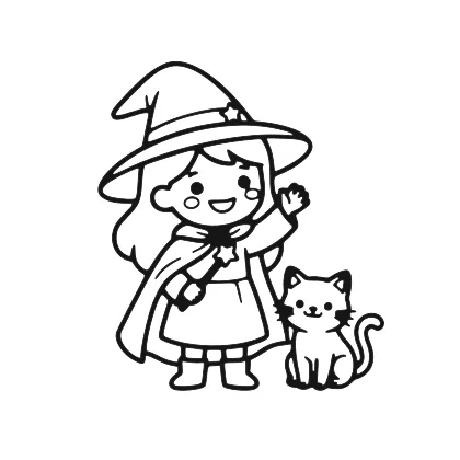 Friendly Witch and Little Cat coloring page